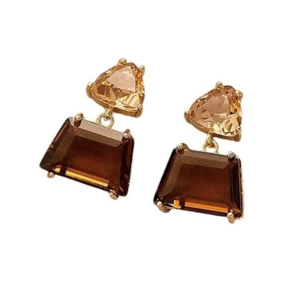 18K Gold Small Coffee Brown Glass Earrings Square - Picture 4 of 4